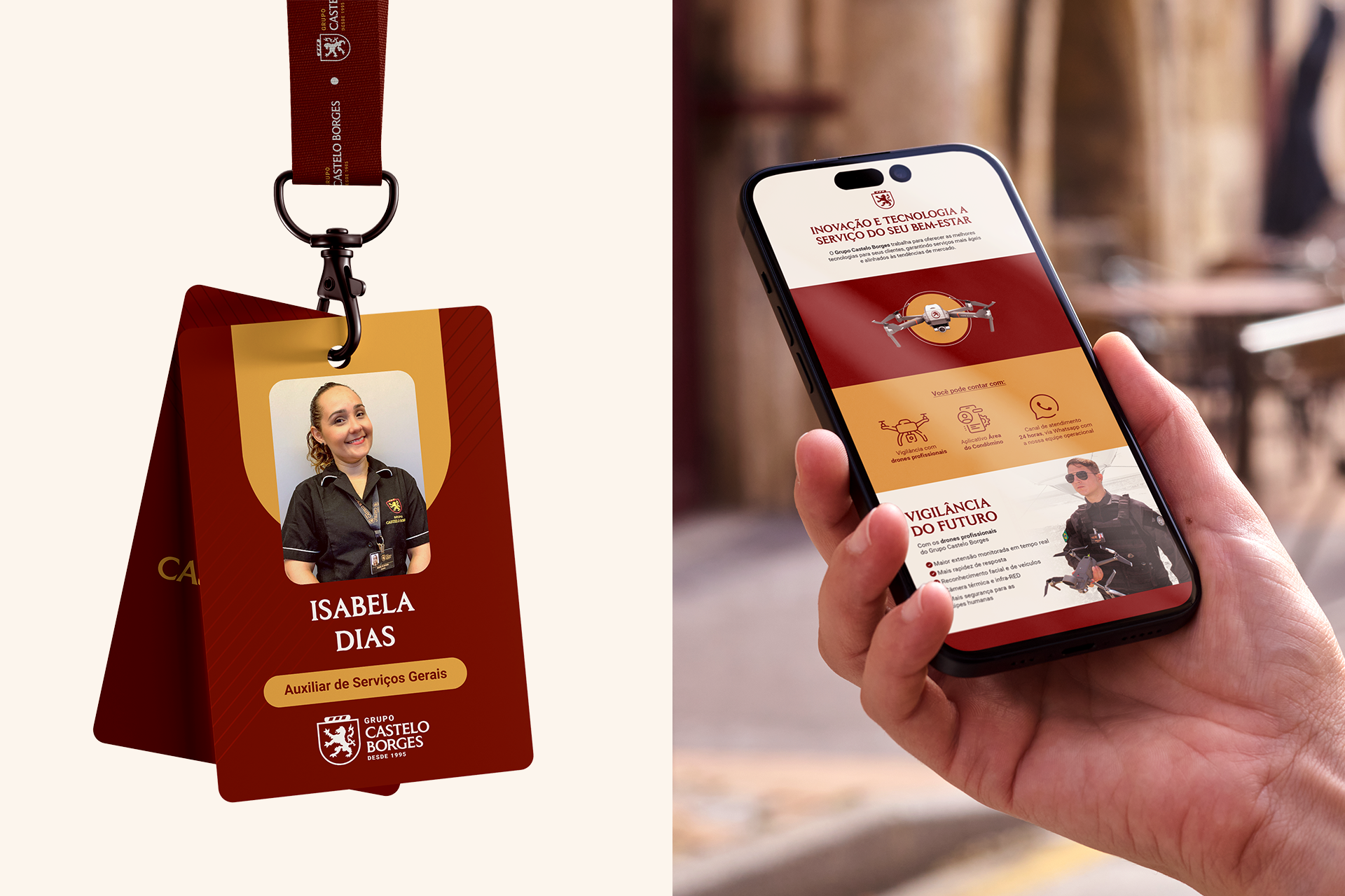 Material institucional Grupo Castelo Borges — Crachá e site mobile